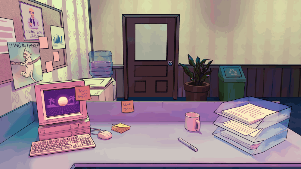 The hand-painted Department of Final Judgement office corridor